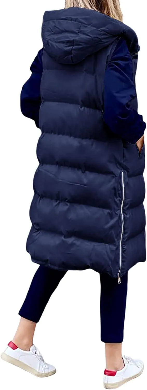 IMISSILLEB Women's Long Puffer Vest Hooded Coats Thick Sleeveless Full-Zip Jacket Fall Winter Coat Outerwear with Pockets