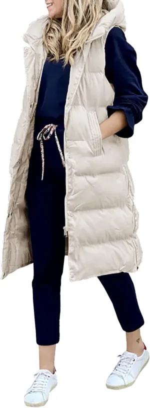 IMISSILLEB Women's Long Puffer Vest Hooded Coats Thick Sleeveless Full-Zip Jacket Fall Winter Coat Outerwear with Pockets