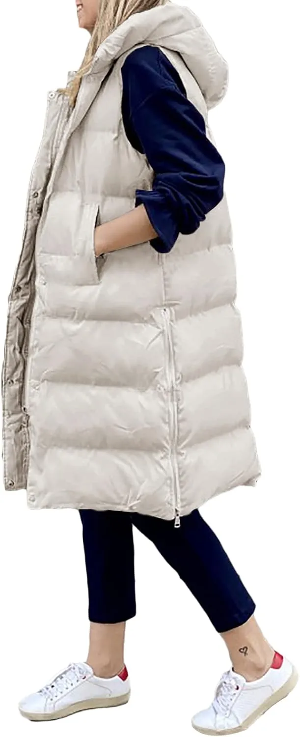 IMISSILLEB Women's Long Puffer Vest Hooded Coats Thick Sleeveless Full-Zip Jacket Fall Winter Coat Outerwear with Pockets