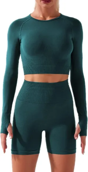 IWEMEK Women Seamless Yoga Outfits 2 Piece Workout Short Sleeve Crop Top with High Waisted Running Shorts Sets Activewear