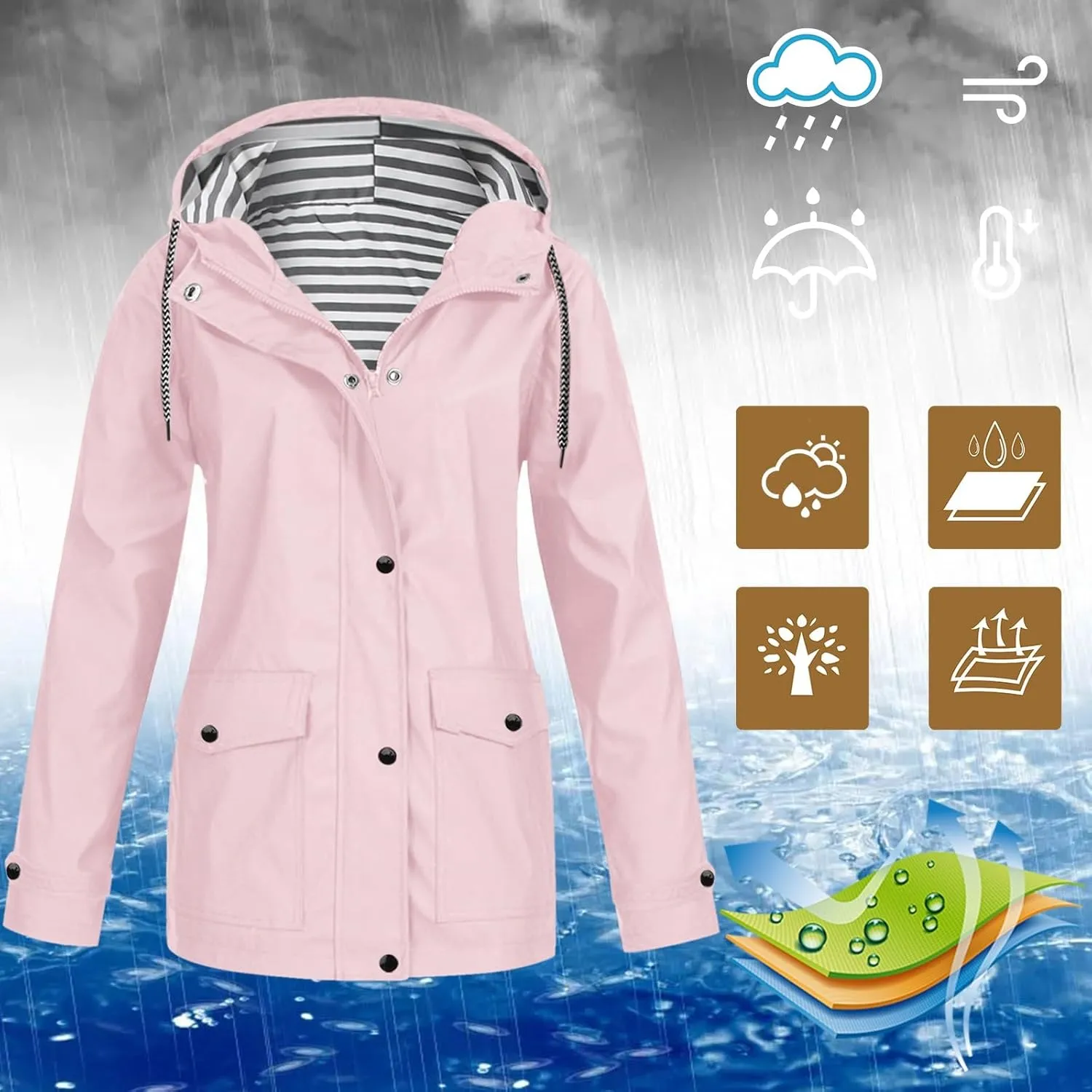Jackets for Women Fall Winter Regular Fit Windproof Waterproof Rain Coats Full Zip Outdoor Windbreaker Jacket with Pockets
