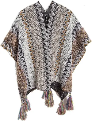 JOAU Women's Chunky Cable Knit Vintage Ethnic Tassel Striped Poncho Shawl Open Front Cardigan Sweater Fringe Cape Wrap