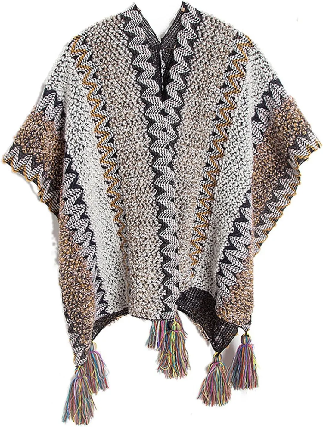 JOAU Women's Chunky Cable Knit Vintage Ethnic Tassel Striped Poncho Shawl Open Front Cardigan Sweater Fringe Cape Wrap