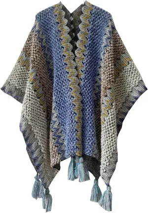 JOAU Women's Chunky Cable Knit Vintage Ethnic Tassel Striped Poncho Shawl Open Front Cardigan Sweater Fringe Cape Wrap
