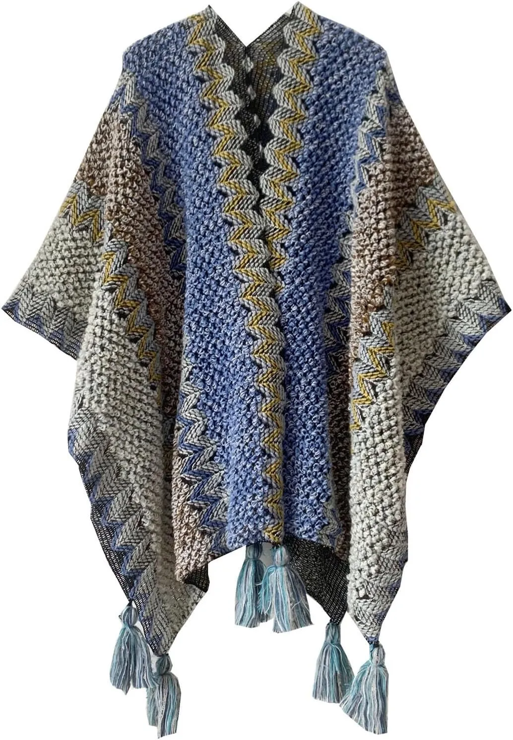 JOAU Women's Chunky Cable Knit Vintage Ethnic Tassel Striped Poncho Shawl Open Front Cardigan Sweater Fringe Cape Wrap