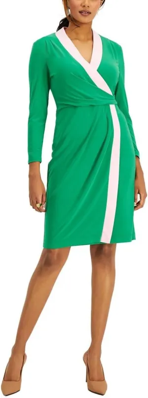 Kasper Womens Colorblock Midi Wrap Dress Green XXL