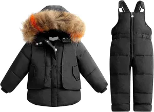 Kids Two Piece Snowsuit Baby Boy Girl Toddler Winter Clothes Set Down Puffer Jackets Warm Down (Black, 18-24 Months)