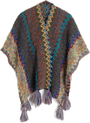 Knit Shawl Wraps for Women, Boho Open Front Cardigan Sweater Color Block Cape Poncho with Tassel for Fall Winter