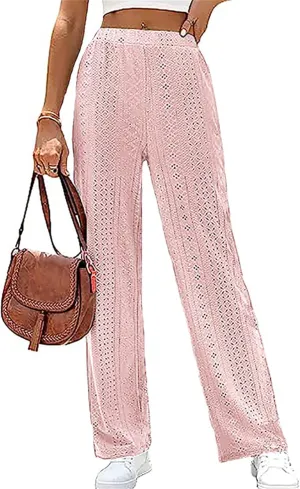 Kubbon Womens Wide Leg Pants High Waisted Hollow Out Pants Casual Loose Straight Leg Pants Comfy Solid Lounge Trousers