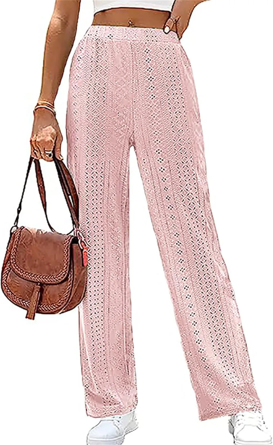 Kubbon Womens Wide Leg Pants High Waisted Hollow Out Pants Casual Loose Straight Leg Pants Comfy Solid Lounge Trousers