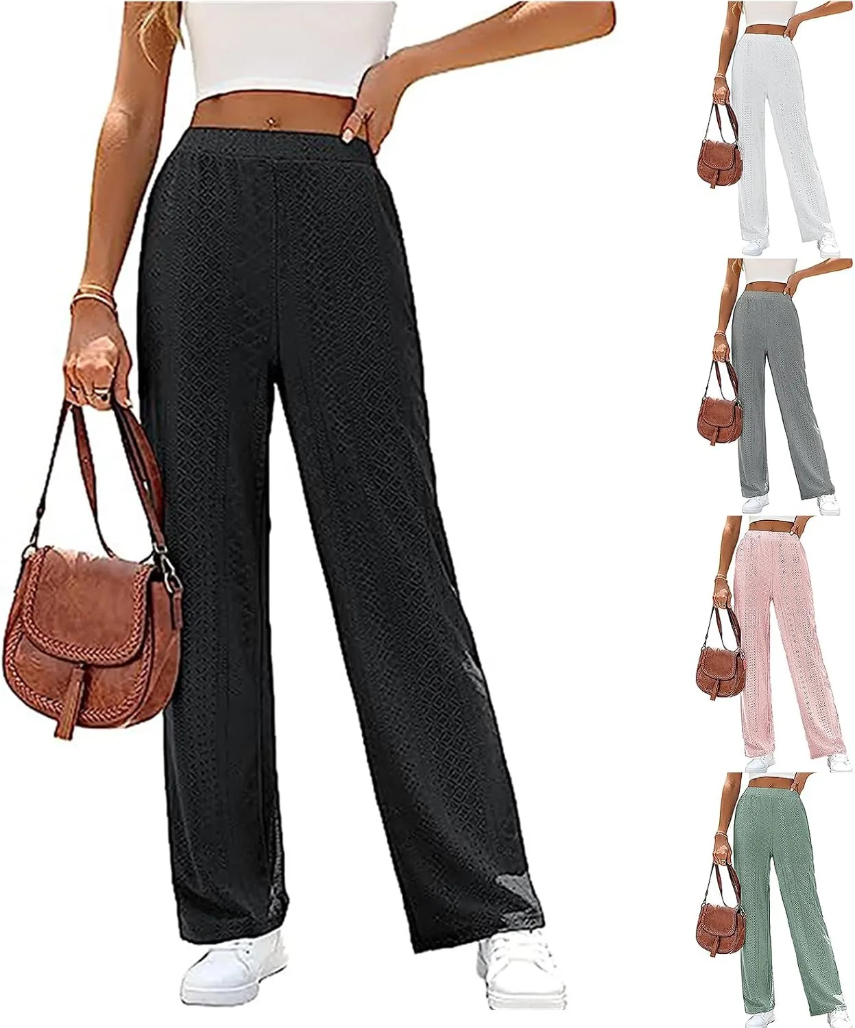 Kubbon Womens Wide Leg Pants High Waisted Hollow Out Pants Casual Loose Straight Leg Pants Comfy Solid Lounge Trousers
