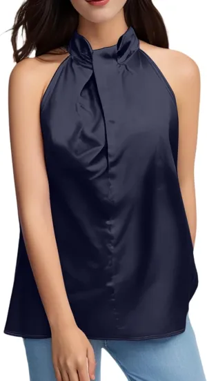 Ladies Summer Casual Sleeveless Solid Color Hanging Neck Jacket Arc Hem Casual Jacket Shirts Woman