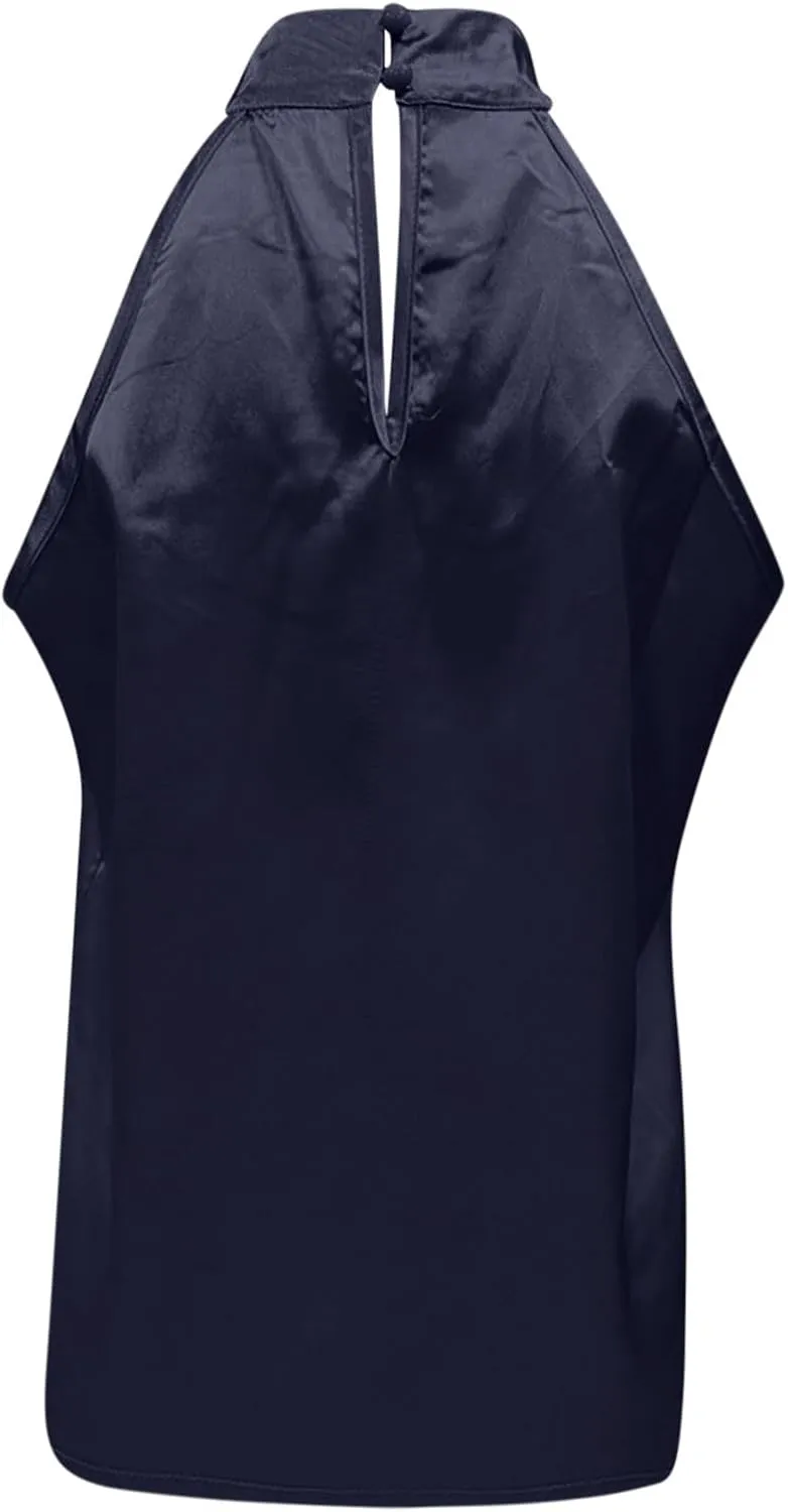 Ladies Summer Casual Sleeveless Solid Color Hanging Neck Jacket Arc Hem Casual Jacket Shirts Woman