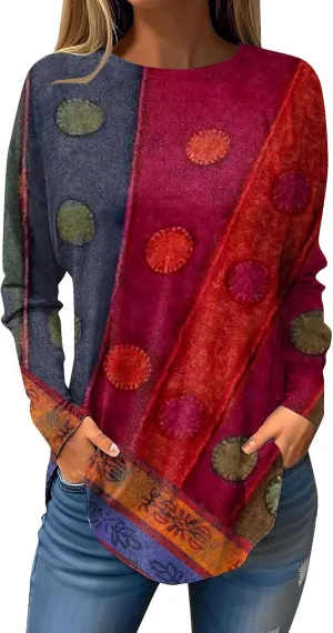 Ladies Tops And Blouses Long Sleeve Casual Shirts Crew Neck Blouses Fall Tie Dye Sweatshirts, Small-5X-Large