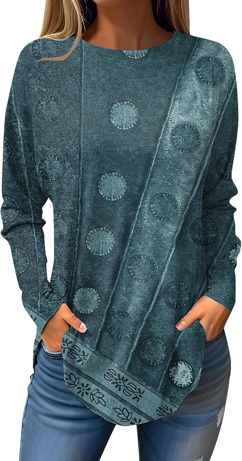 Ladies Tops And Blouses Long Sleeve Casual Shirts Crew Neck Blouses Fall Tie Dye Sweatshirts, Small-5X-Large