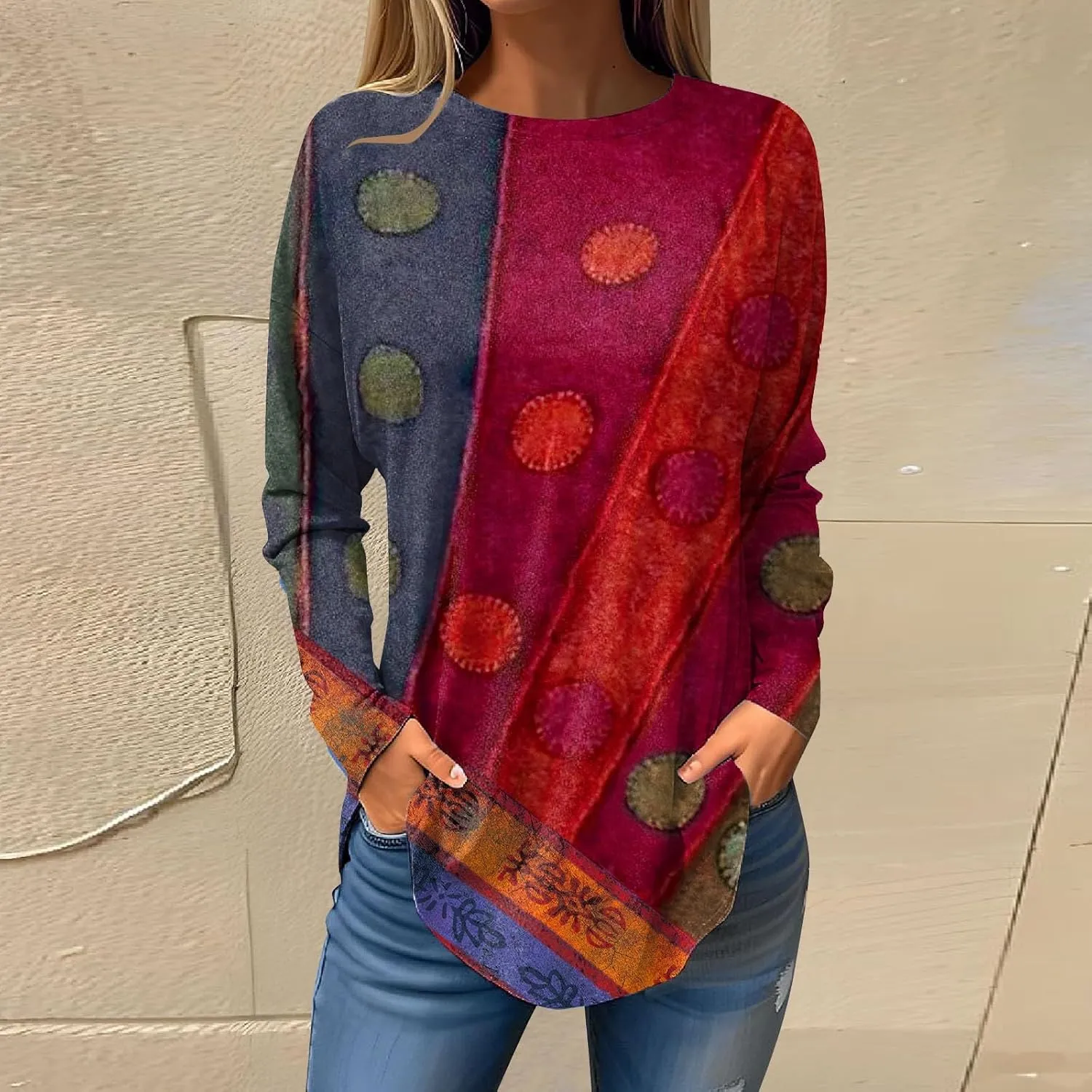 Ladies Tops And Blouses Long Sleeve Casual Shirts Crew Neck Blouses Fall Tie Dye Sweatshirts, Small-5X-Large