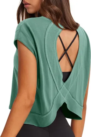 LASLULU Womens Open Back Workout Tops Backless Athletic Shirt Sleeveless Oversized Wrap Crop Tank Tops Running Gym Yoga Tee