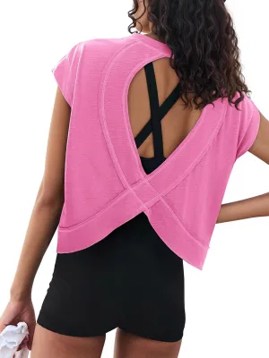 LASLULU Womens Open Back Workout Tops Backless Athletic Shirt Sleeveless Oversized Wrap Crop Tank Tops Running Gym Yoga Tee