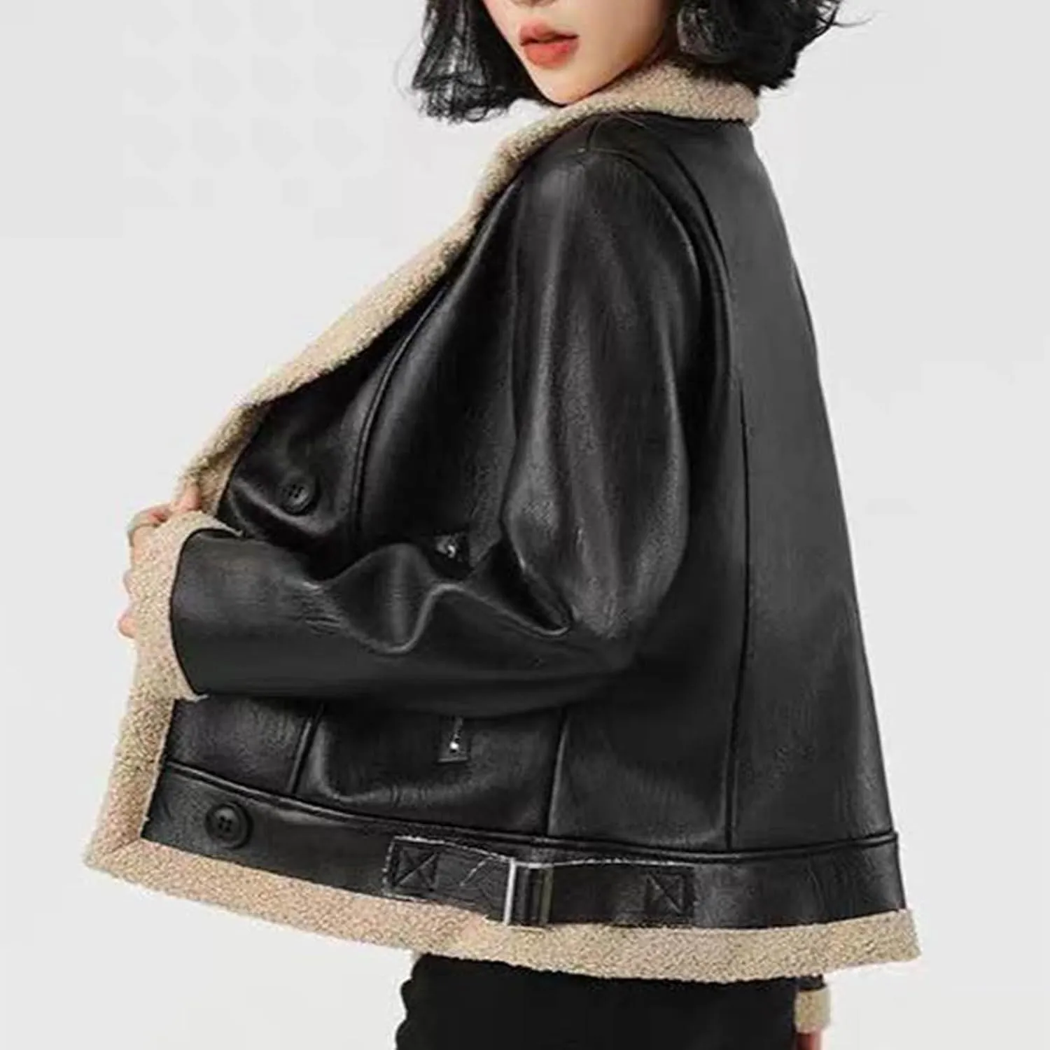 Leather Bomber Jacket Women Faux Shearling Jacket Fleece Sherpa Lined Winter Jacket PU Biker Coats Motorcycle Jacket