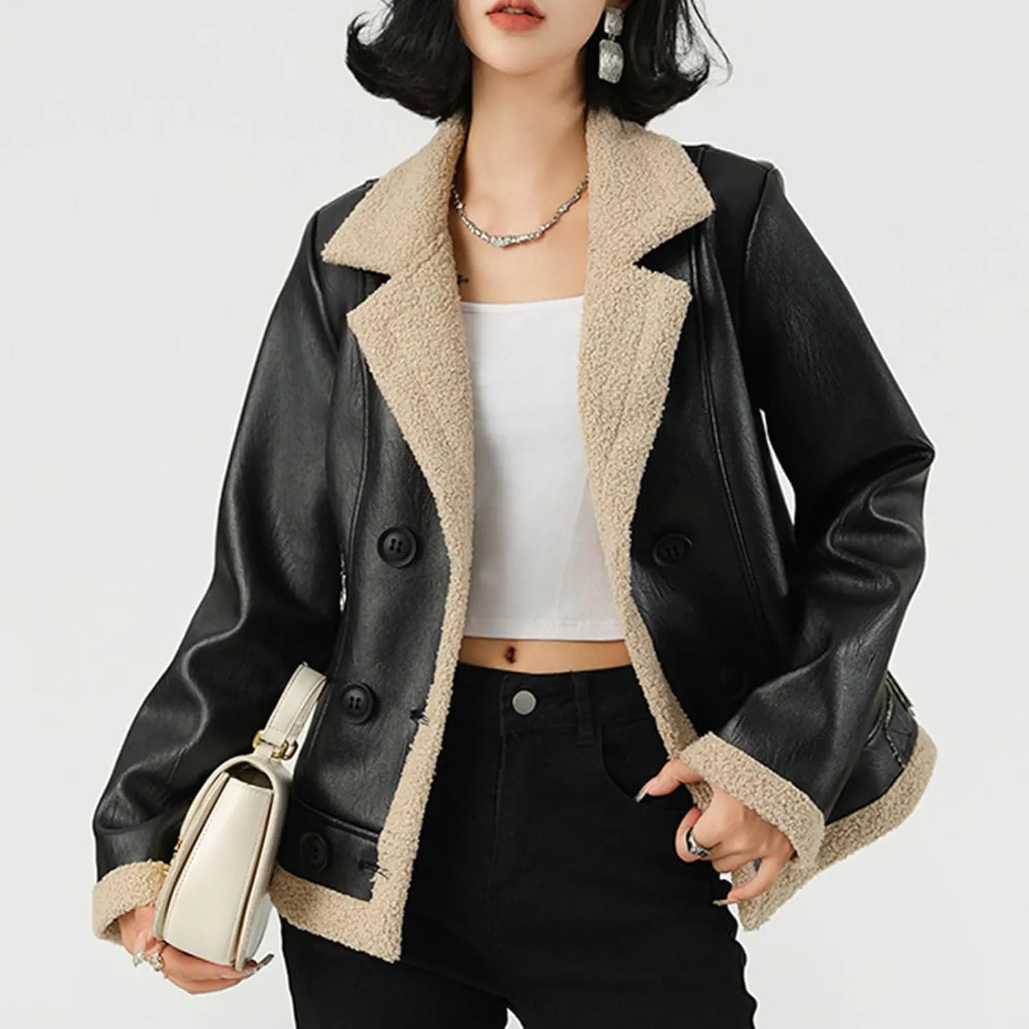 Leather Bomber Jacket Women Faux Shearling Jacket Fleece Sherpa Lined Winter Jacket PU Biker Coats Motorcycle Jacket