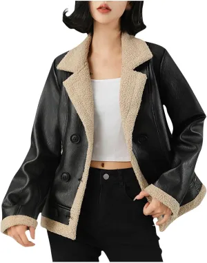 Leather Bomber Jacket Women Faux Shearling Jacket Fleece Sherpa Lined Winter Jacket PU Biker Coats Motorcycle Jacket