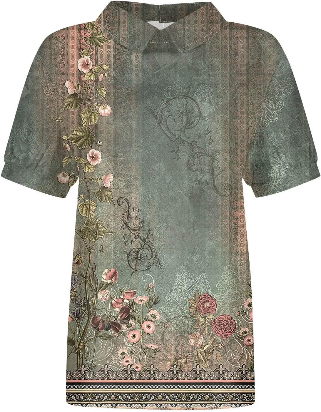 Linen Blouses for Women Dressy Casual Lapel Collar Shirts Retro Cute Floral Print Tee Loose Short Sleeve Boho Blouses
