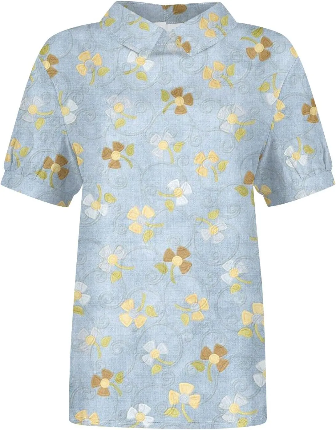 Linen Blouses for Women Dressy Casual Lapel Collar Shirts Retro Cute Floral Print Tee Loose Short Sleeve Boho Blouses