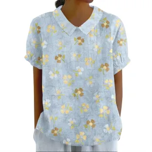Linen Blouses for Women Dressy Casual Lapel Collar Shirts Retro Cute Floral Print Tee Loose Short Sleeve Boho Blouses