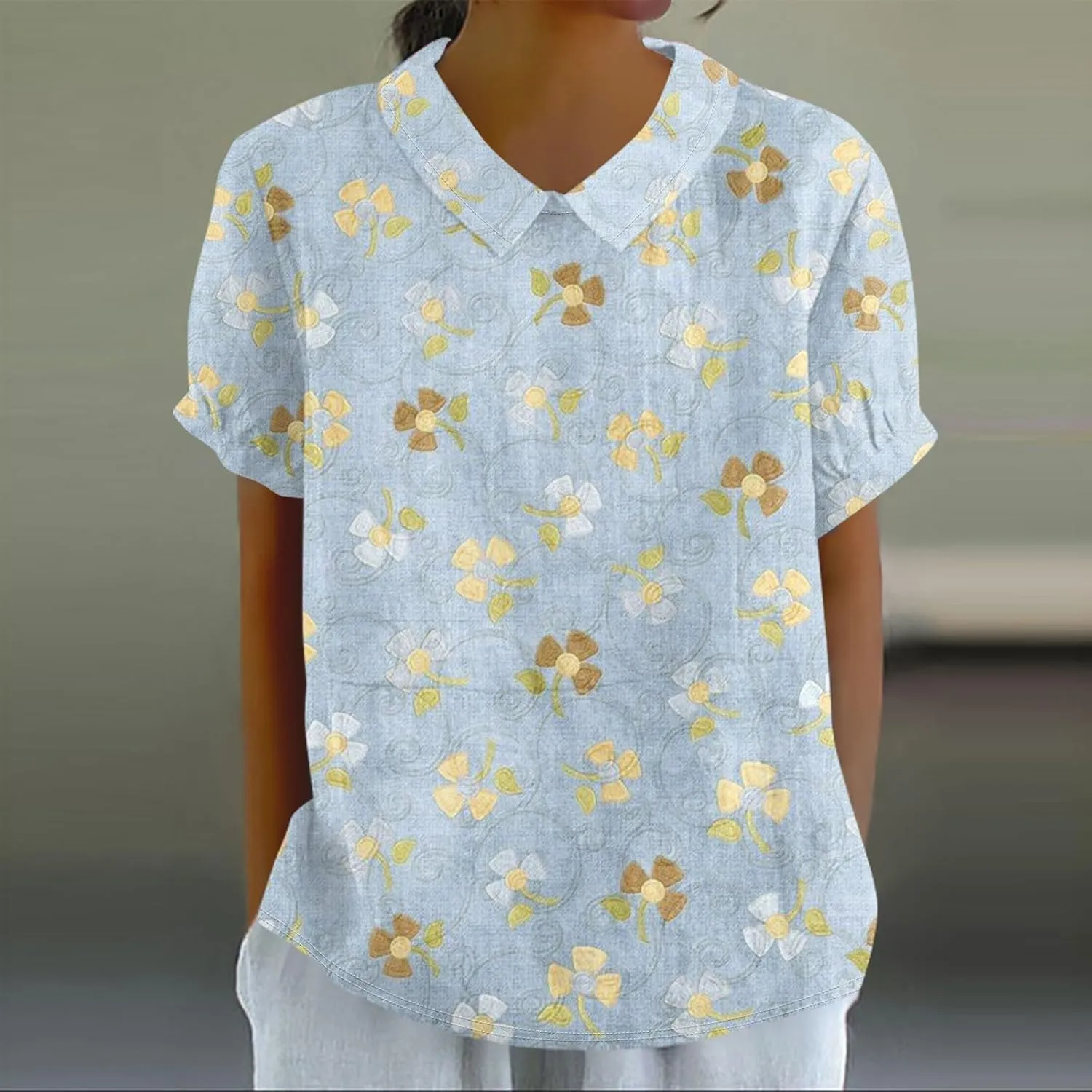 Linen Blouses for Women Dressy Casual Lapel Collar Shirts Retro Cute Floral Print Tee Loose Short Sleeve Boho Blouses