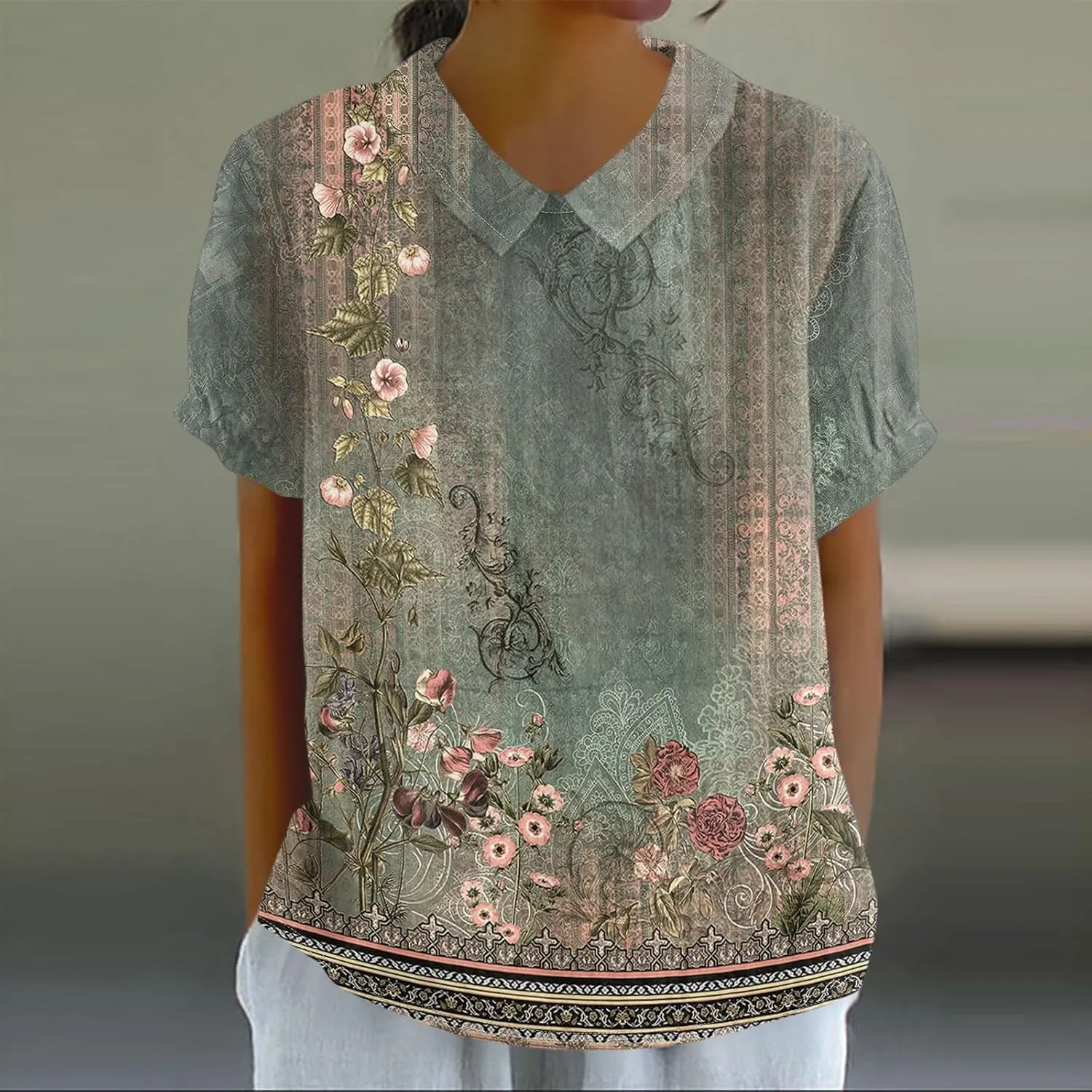 Linen Blouses for Women Dressy Casual Lapel Collar Shirts Retro Cute Floral Print Tee Loose Short Sleeve Boho Blouses