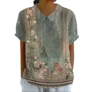 Linen Blouses for Women Dressy Casual Lapel Collar Shirts Retro Cute Floral Print Tee Loose Short Sleeve Boho Blouses