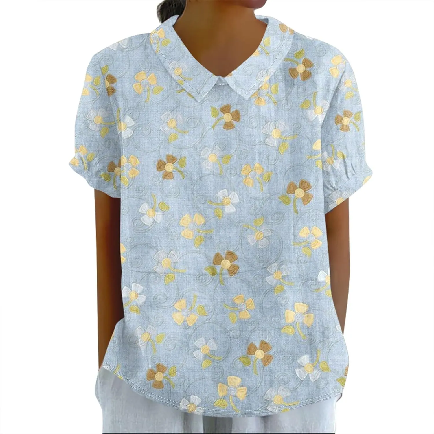 Linen Blouses for Women Dressy Casual Lapel Collar Shirts Retro Cute Floral Print Tee Loose Short Sleeve Boho Blouses