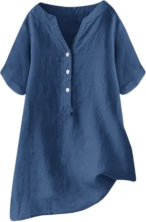 Linen Blouses for Women Linen Button Down Shirt Summer Short Sleeve Boho Plus Size Top Tunic Dressy Peasant Shirts