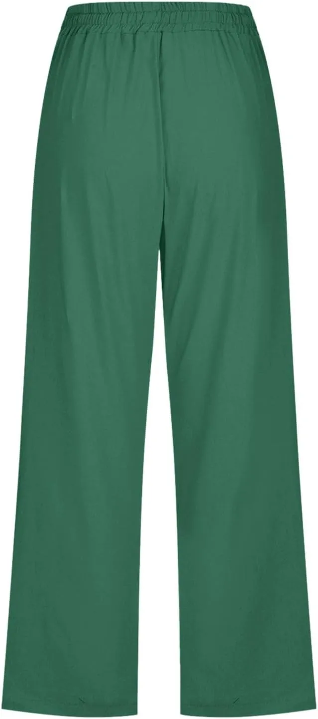 Linen Capri Pants for Women Straight Leg Casual Summer Elastic High Waisted Drawstring Lightweight Cropped Trousers