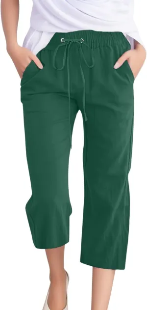 Linen Capri Pants for Women Straight Leg Casual Summer Elastic High Waisted Drawstring Lightweight Cropped Trousers