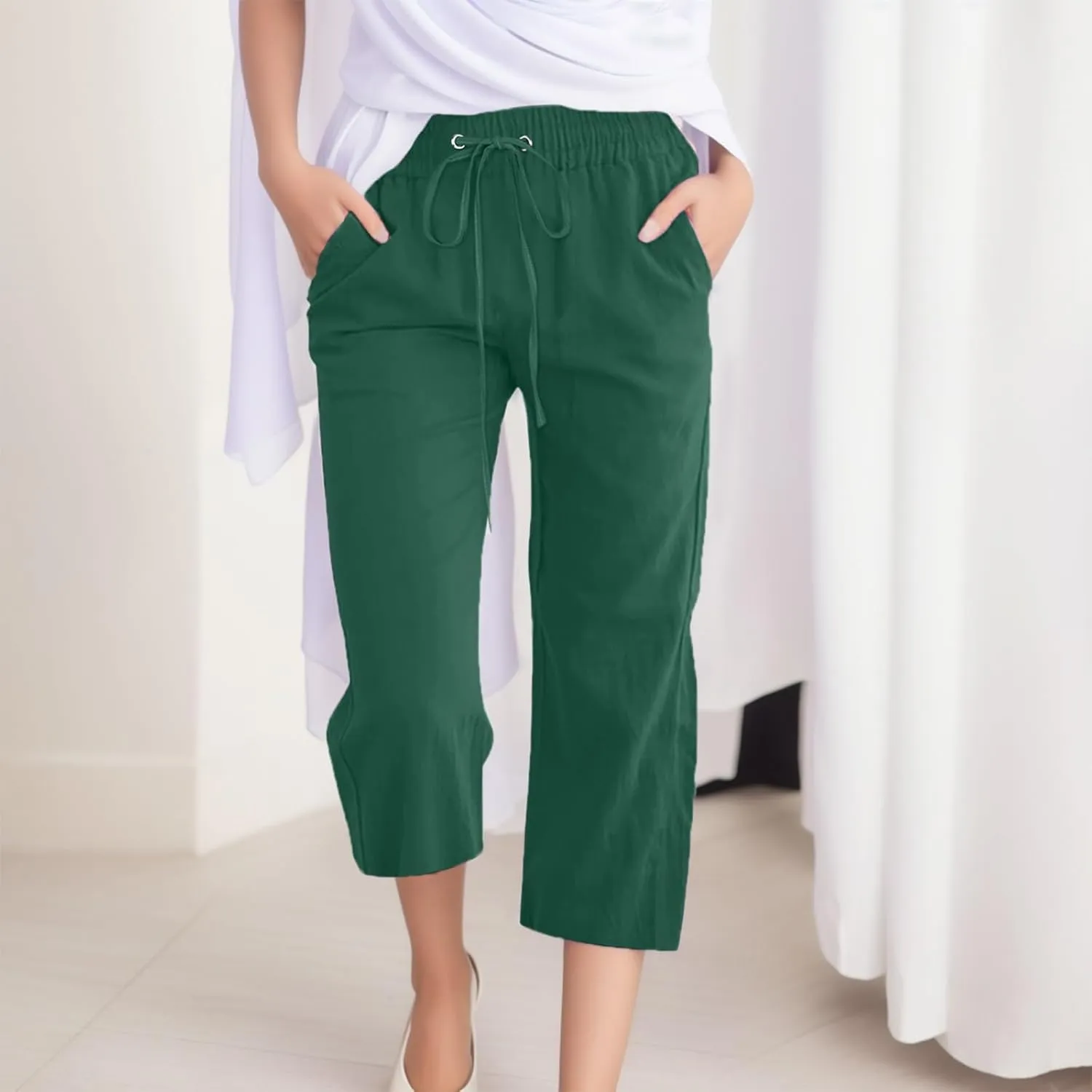 Linen Capri Pants for Women Straight Leg Casual Summer Elastic High Waisted Drawstring Lightweight Cropped Trousers