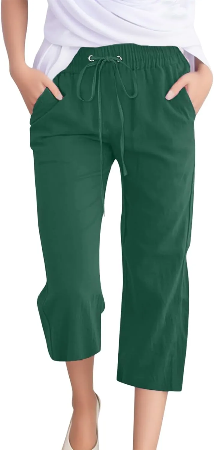Linen Capri Pants for Women Straight Leg Casual Summer Elastic High Waisted Drawstring Lightweight Cropped Trousers