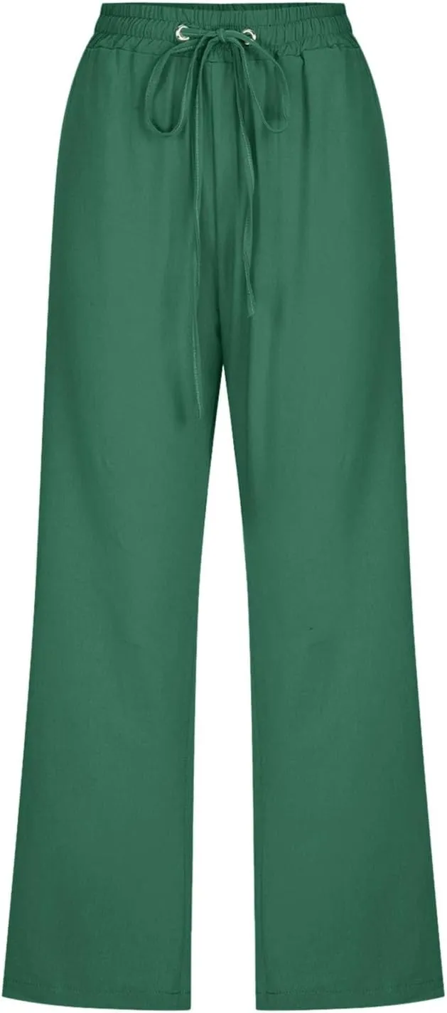 Linen Capri Pants for Women Straight Leg Casual Summer Elastic High Waisted Drawstring Lightweight Cropped Trousers