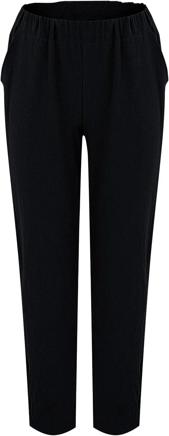 Linen Pants Women Side Cutout Elastic High Waisted Straight Leg Pants Relaxed Fit Beach Trousers with Pockets