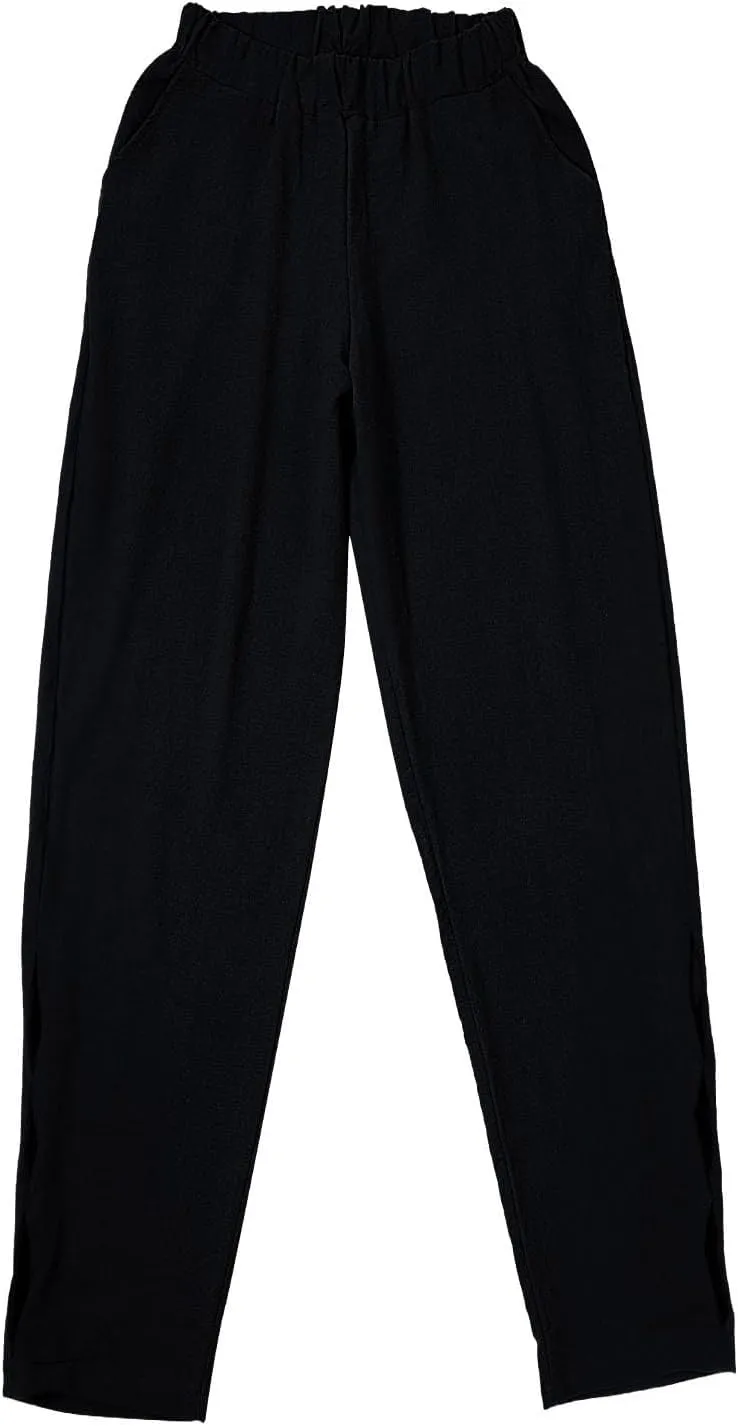 Linen Pants Women Side Cutout Elastic High Waisted Straight Leg Pants Relaxed Fit Beach Trousers with Pockets