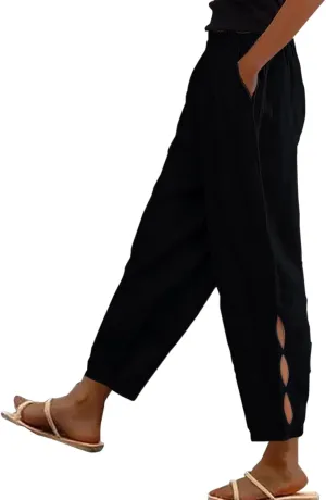 Linen Pants Women Side Cutout Elastic High Waisted Straight Leg Pants Relaxed Fit Beach Trousers with Pockets