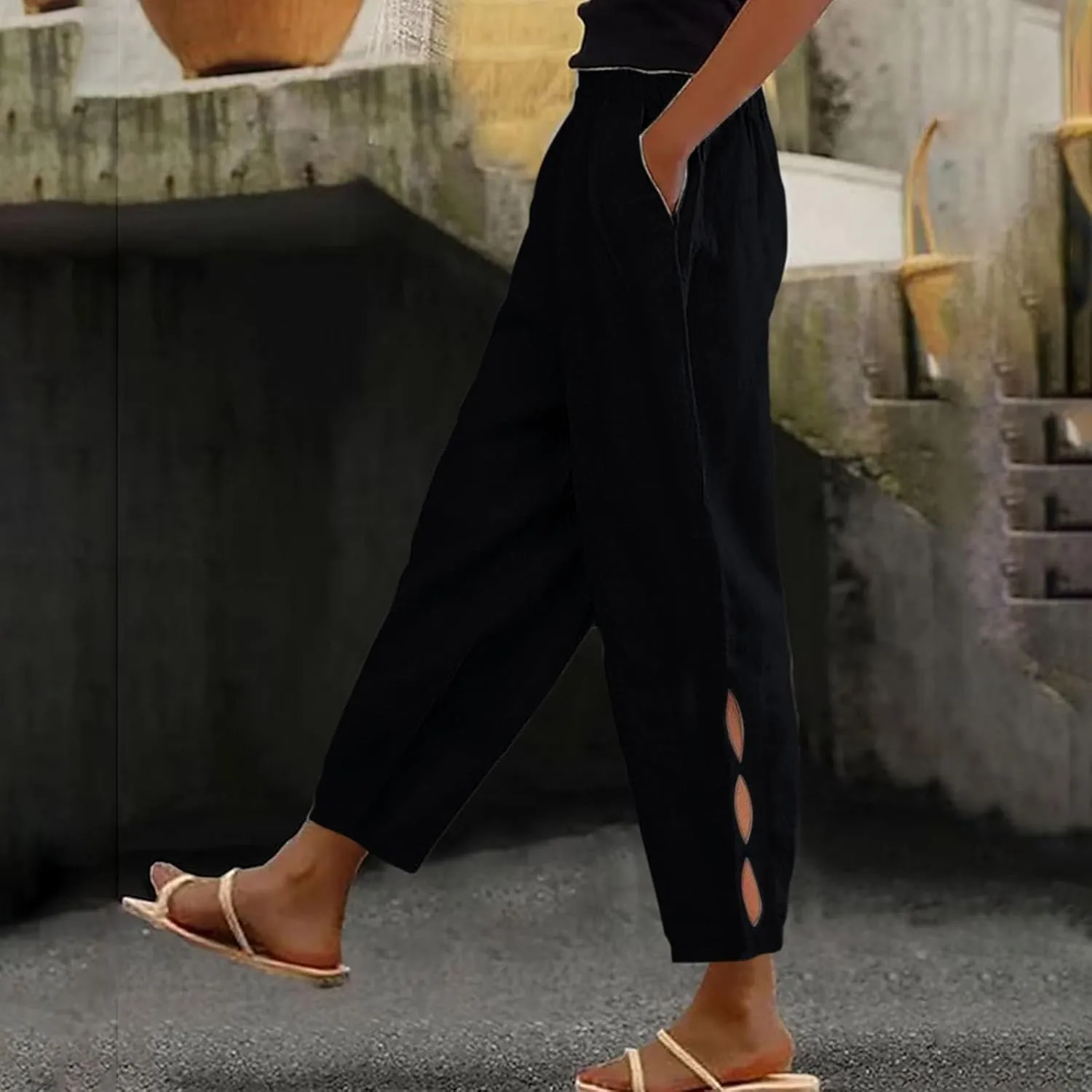 Linen Pants Women Side Cutout Elastic High Waisted Straight Leg Pants Relaxed Fit Beach Trousers with Pockets