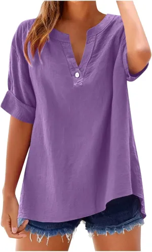Linen Shirts for Women 2025 Summer Simple Solid Print Button Down V Neck Short Sleeve Blouses Comfy Womens Cotton Tops