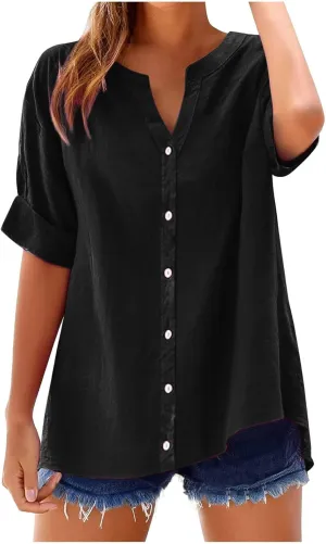 Linen Shirts for Women Button Down Shirts Short Sleeve Cotton Collared V Neck Solid Casual Blouses with Pocket