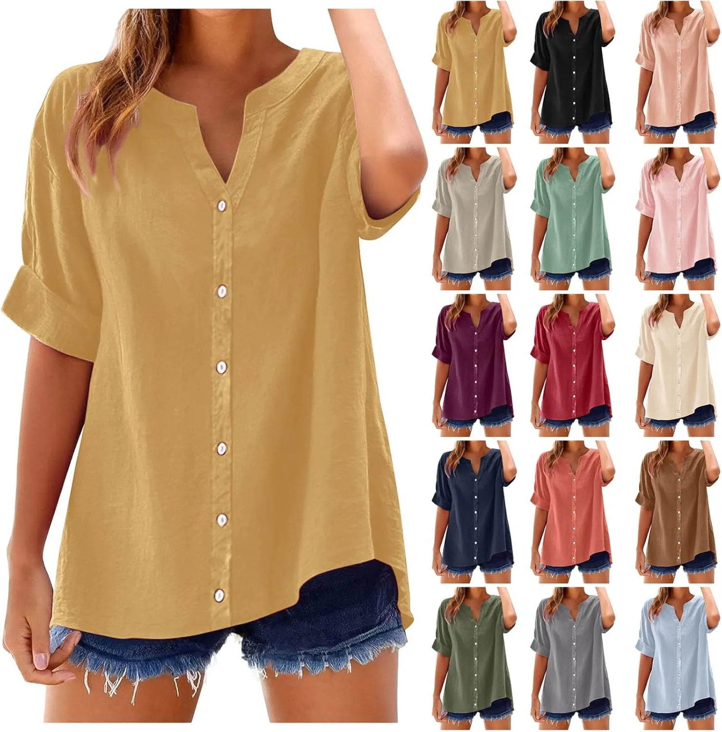 Linen Shirts for Women Button Down Shirts Short Sleeve Cotton Collared V Neck Solid Casual Blouses with Pocket