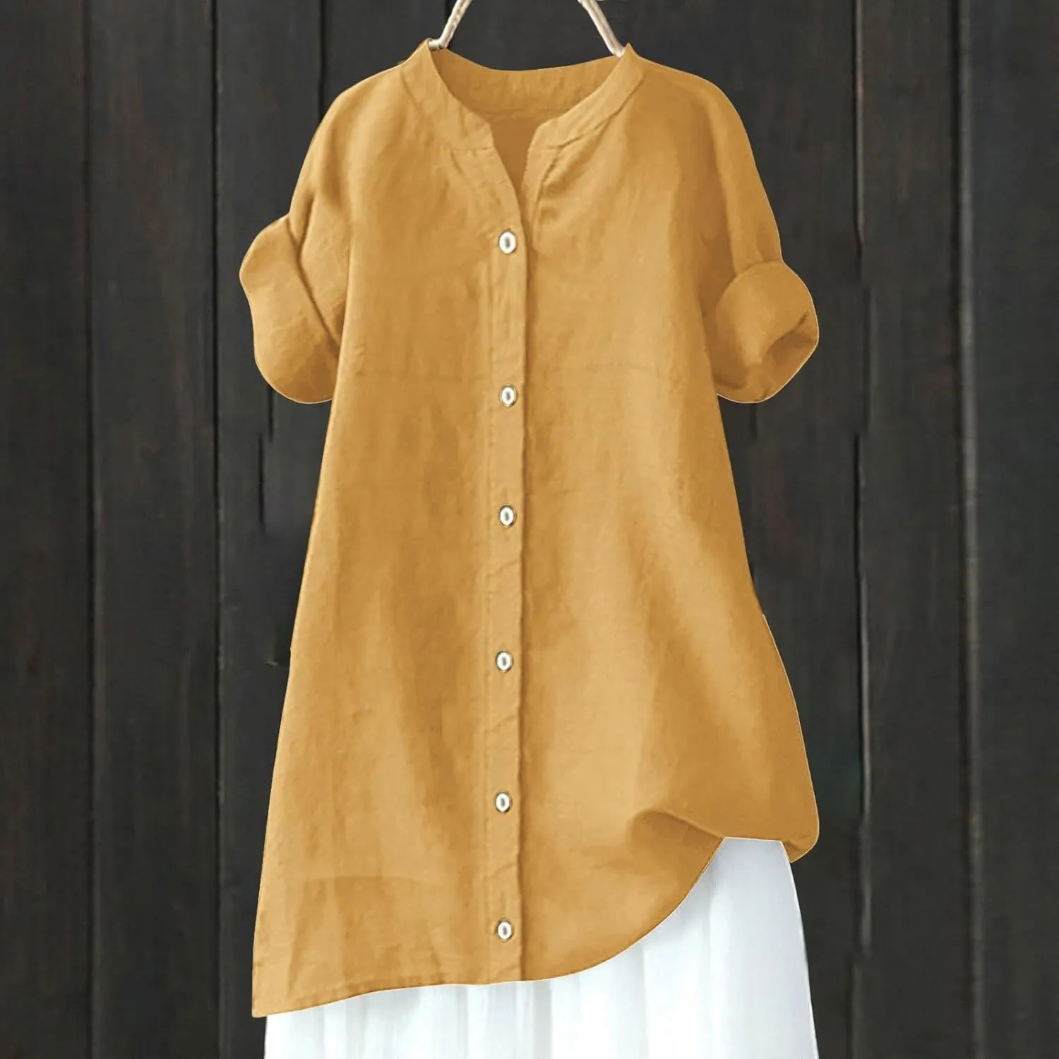 Linen Shirts for Women Button Down Shirts Short Sleeve Cotton Collared V Neck Solid Casual Blouses with Pocket