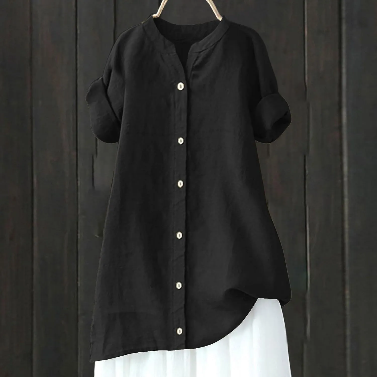 Linen Shirts for Women Button Down Shirts Short Sleeve Cotton Collared V Neck Solid Casual Blouses with Pocket