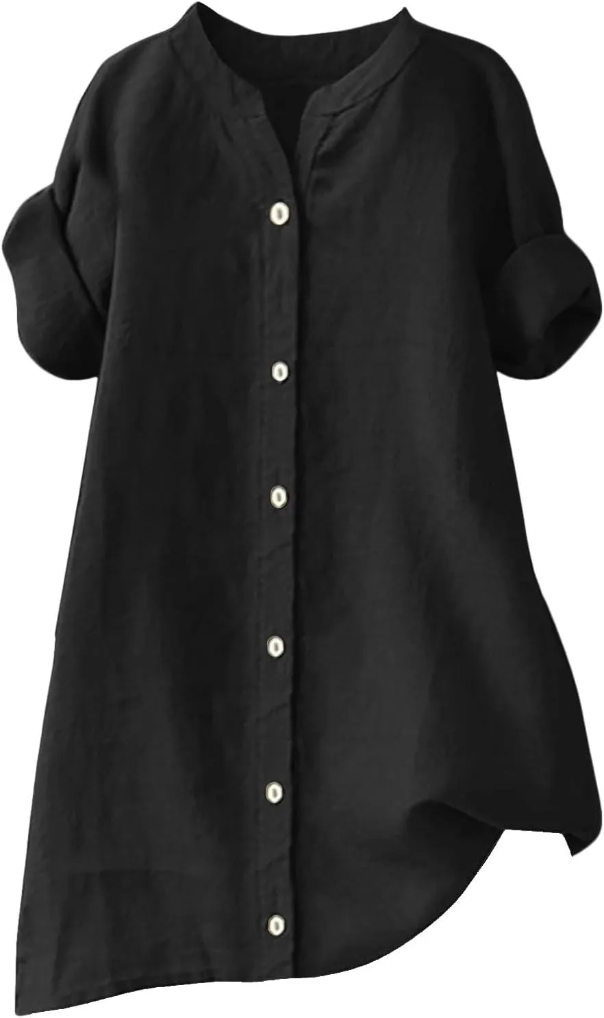 Linen Shirts for Women Button Down Shirts Short Sleeve Cotton Collared V Neck Solid Casual Blouses with Pocket