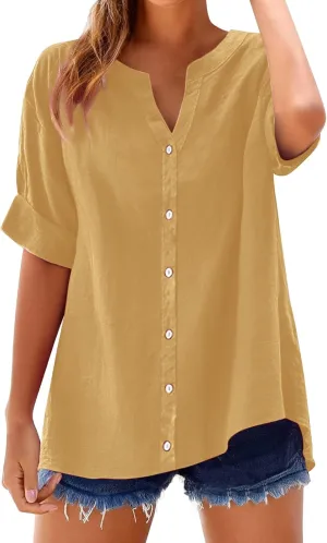 Linen Shirts for Women Button Down Shirts Short Sleeve Cotton Collared V Neck Solid Casual Blouses with Pocket