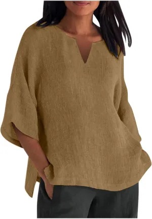 Linen Shirts for Women Casual Loose Fit Summer 3/4 Sleeve Linen Tops v Neck Three-Quarter Sleeve Solid Blouse